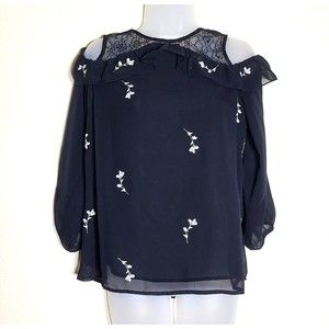 Lucky Brand Top Size S Black Floral Embroidered Lacey Cold Shoulder Ruffle Sheer